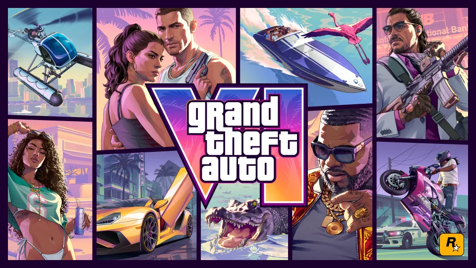 Grand Theft Auto VI official landscape cover art featuring Jason, Lucia, and scenes from Leonida